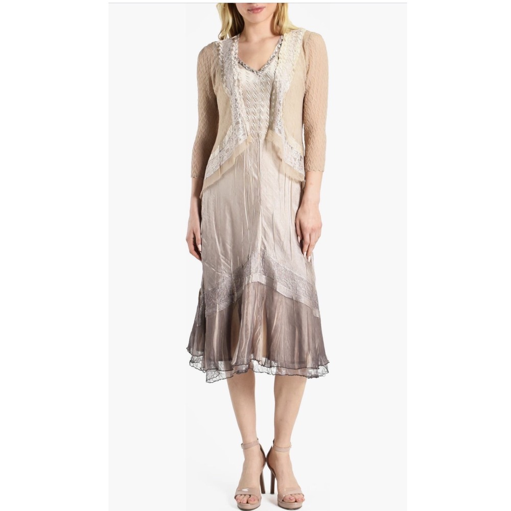 Komarov Dress 2Pc Blush Crinkle Lace Beaded‎ Maxi Dress Jacket L NWT Wedding